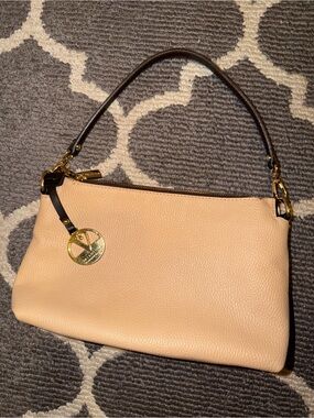 Valentina Blush Pebbled Leather Shoulder Bag with Dark Brown Handle